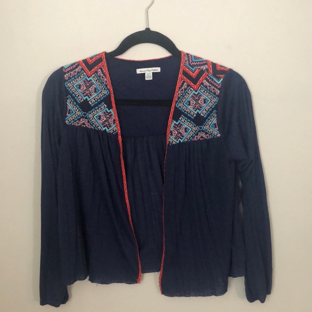 AEO Open Front Boho Embroidered Cardigan